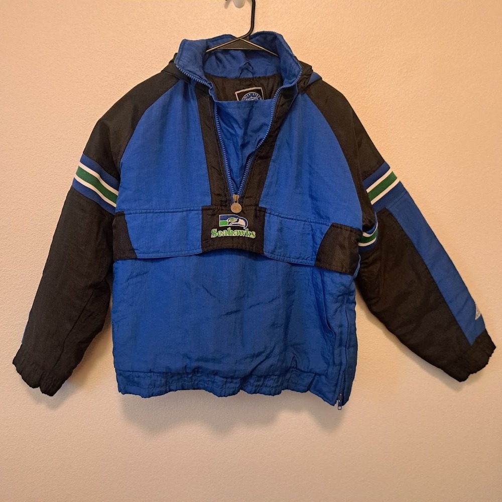Vintage Seattle Seahawks NFL Genuine Stuff Kids Puffer Jacket Blue Black L 14-16